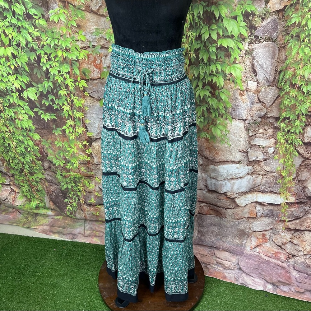 M.A.B.E. Mari Boho Patterned Green Shirred Maxi Skirt, M - Picture 3 of 16
